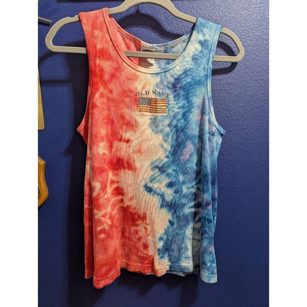 Vintage Old Navy American Flag Ribbed Tank 4th Of July Patriotic Tie Dye OOAK